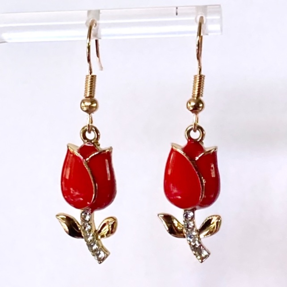 Red Enamel Tulip Flower Diamond Gold Toned Earrings
